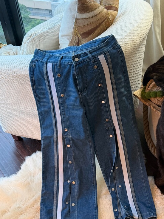 Denim - Women’s Dark Blue Stripe-Trim Snap Jeans